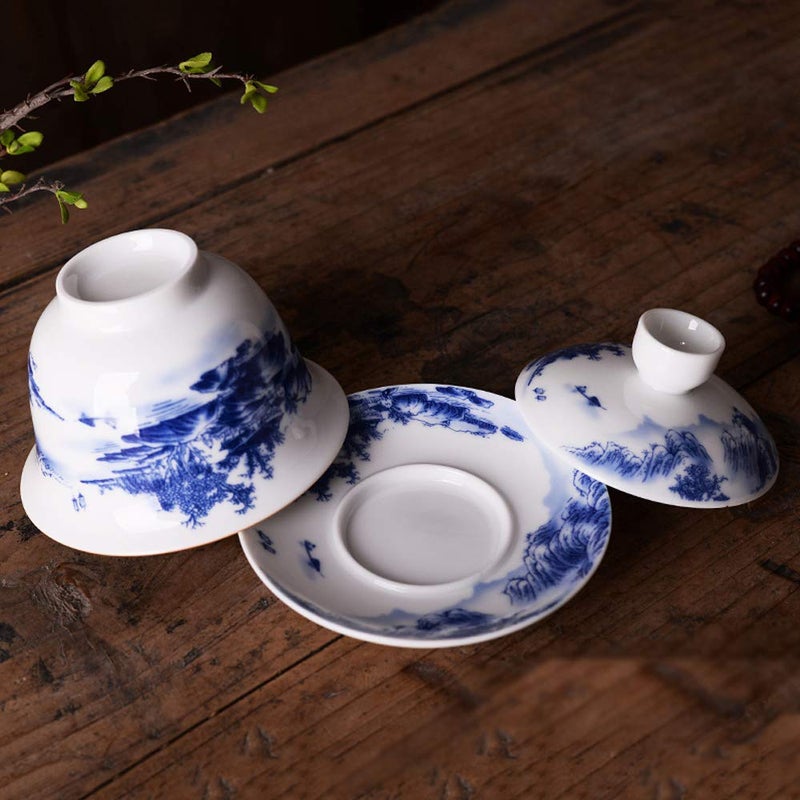 Woonsoon Jingdezhen Chinese Gaiwan Handmade 6.3oz/180ml Mountain Style China Blue and White Porcelain Gaiwan Kungfu Teacup Traditional Chinese Teaware Tea Set - Image 5